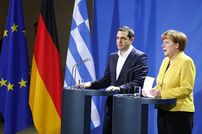 German Chancellor Merkel and Greek Prime Minister Tsipras address news conference in Berlin