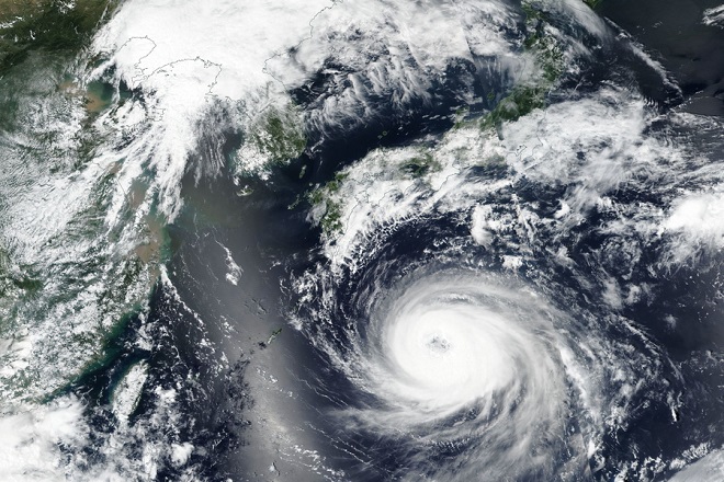 epa06961403 A handout photo made available by NASA shows an image acquired by the Visible Infrared Imaging Radiometer Suite (VIIRS) on board the joint NASA/NOAA Suomi National Polar-orbiting Partnership (SNPP) satellite of Typhoon Soulik approaching the Korean Peninsula, 20 August 2018 (issued 21 August 2018). According to media reports, Typhoon Soulik will make a direct pass over the Korean Peninsula on the night of 22 August 2018 as it is expected to strengthen to Category 3. EPA/NASA HANDOUT HANDOUT EDITORIAL USE ONLY/NO SALES