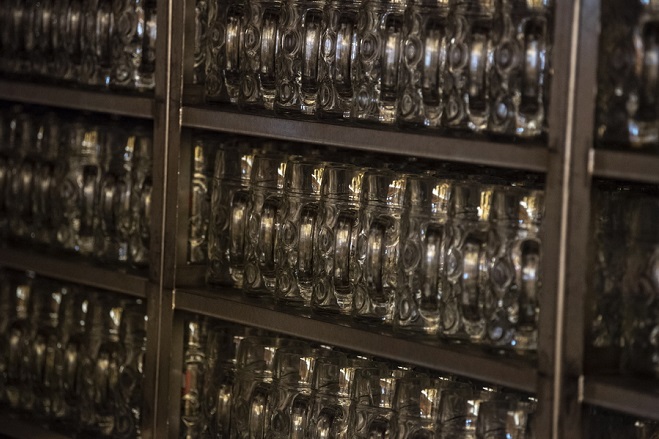 epa07036750 Beer mugs stand in a shelf at the Schottenhammel marquee on the Theresienwiese ahead of the 185th Oktoberfest beer festival in Munich, Germany, 21 September 2018. The Munich Beer Festival is the world's largest traditional beer festival and runs from 22 September to 07 October. EPA/LUKAS BARTH-TUTTAS