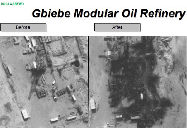 Before and after aerial pictures released by the U.S. Department of Defense show damage to the Gbiebe Modular Oil Refinery in Syria