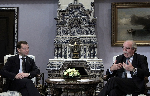 Russian President Medvedev listens to de Margerie, CEO of France's Total SA, during their meeting at the Gorki presidential residence just outside Moscow