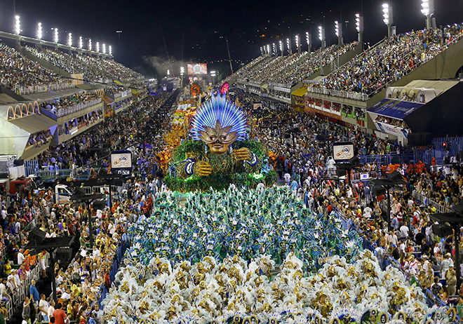 Revellers from the Vila Isabel samba school participate in the annual carnival parade in Rio de Janeiro's Sambadrome,