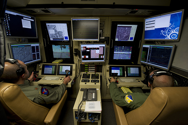 Drone operators fly an MQ-9 Reaper training mission at Holloman Air Force Base, New Mexico
