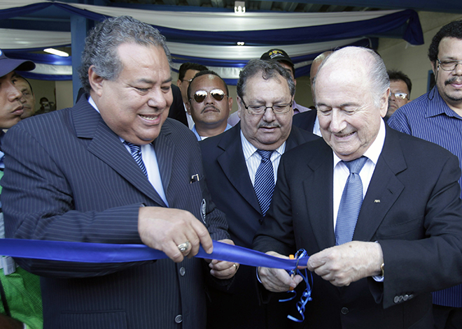 FIFA President Joseph Blatter (R) and Julio Rocha President of the Nicaraguan Federation of Football (NFF) inaugurate a new football stadium in Managua April 14, 2011. Blatter is on a two day visit to Nicaragua.  REUTERS/Oswaldo Rivas (NICARAGUA - Tags: SPORT SOCCER) - RTR2L85L
