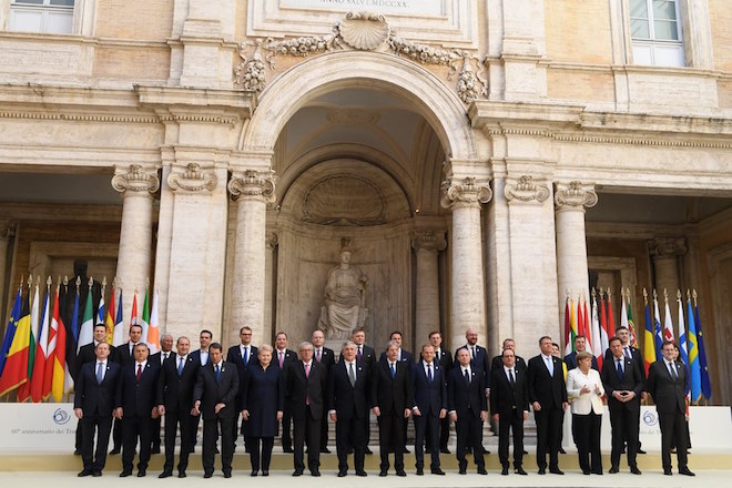 epa05869551 A handout photo made available by the European Commission on 25 March 2017 shows EU leaders posing for a family photo during the Rome Summit on the occasion of the 60th anniversary of signing the Treaty of Rome, in Rome, Italy, 25 March 2017. EU leaders gathered in Rome to mark the 60th anniversary of the signing of the Treaty of Rome. The treaty was signed on 25 March 1957 at Campidoglio Palace in Rome by Belgium, France, Italy, Luxembourg, the Netherlands and West Germany to form the European Economic Community (ECC). EPA/EU / ETIENNE ANSOTTE / HANDOUT ITALY OUT HANDOUT EDITORIAL USE ONLY/NO SALES