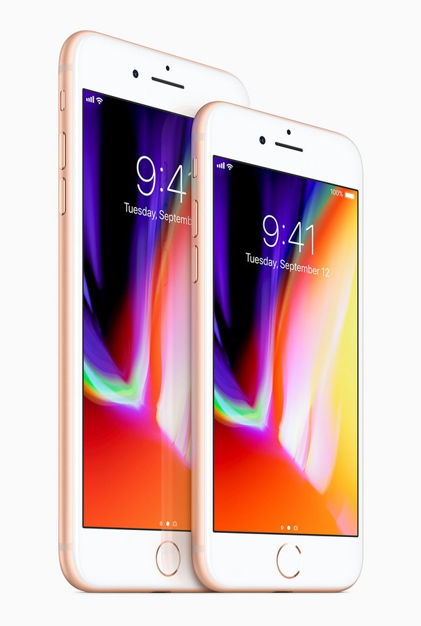 epa06200826 A handout photo made available by Apple Inc., shows the Apple iPhone 8 Plus (L) and iPhone 8 (R) as introduced at the new Steve Jobs Theater during the Apple Special Event at the new Apple Headquarters in Cupertino, California, USA, 12 September 2017. The new phones features include a new glass and aluminum design, a Retina HD display, A11 Bionic Chip, new single and dual cameras with support for protrait lighting and wireless charging.  The new iPhone 8 and 8 Plus will be available to order in many countries on 15 September 2017 with availability on 22 September 2017. A second group of countries will have availability starting on 29 September 2017.  EPA/APPLE INC. / HANDOUT  HANDOUT EDITORIAL USE ONLY/NO SALES