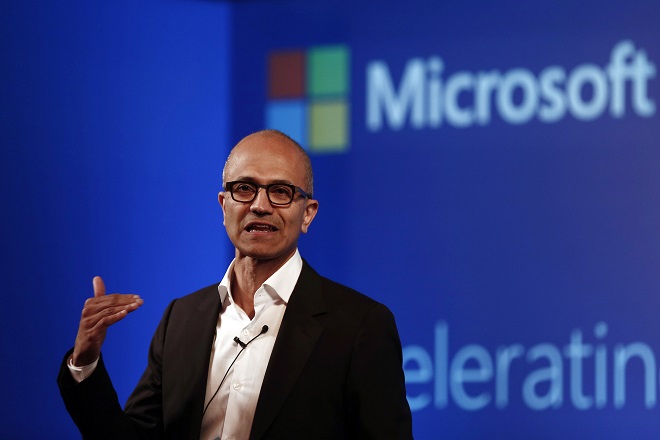 Microsoft CEO Nadella addresses the media during an event in New Delhi