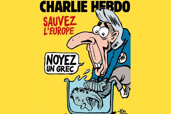 Η Λαγκάρντ που πνίγει έναν Έλληνα, στο εξώφυλλο του νέου τεύχους του Charlie Hebdo