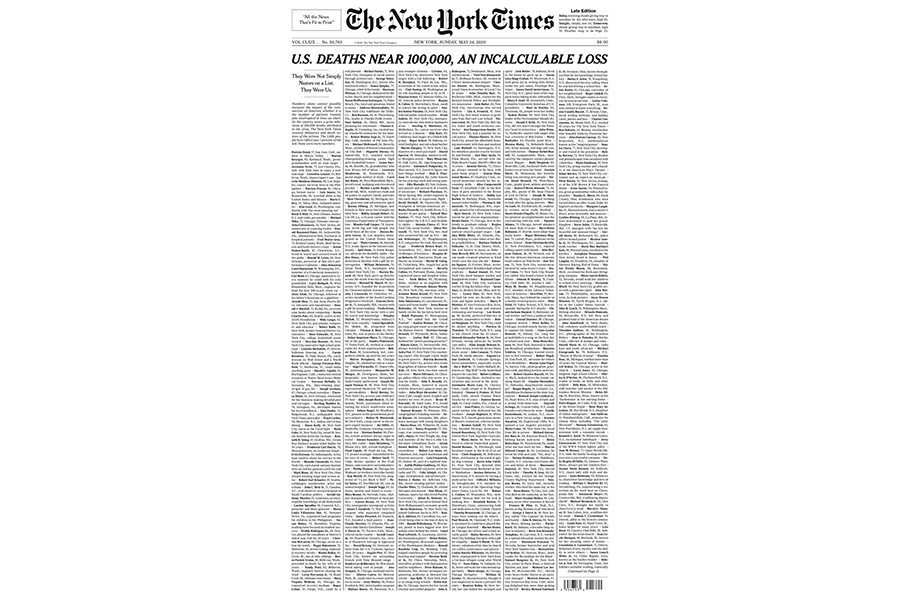 Στη μνήμη 1.000 θυμάτων του κορωνοϊού το πρωτοσέλιδο των New York Times