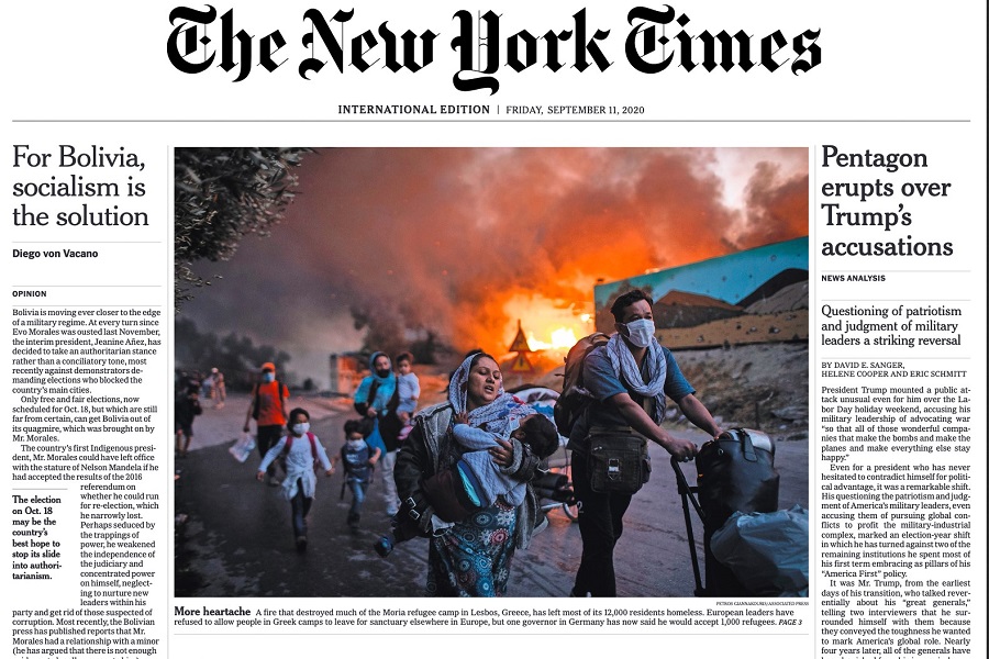 «Το τέλος της Μόριας»: Η ανατριχιαστική φωτογραφία Έλληνα φωτογράφου έγινε πρωτοσέλιδο στους New York Times